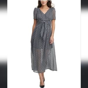 Calvin Klein Navy Flower Swiss Dot Maxi Dress Faux Wrap 6 Semi Sheer Cottagecore